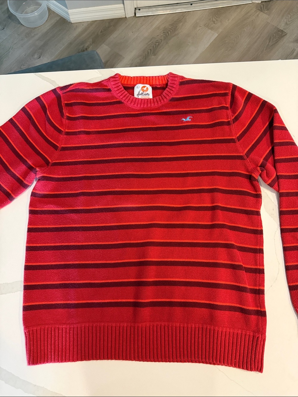 Vintage Hollister Men's Red Orange Striped Cotton Knit Crew Sweater Y2K Size L